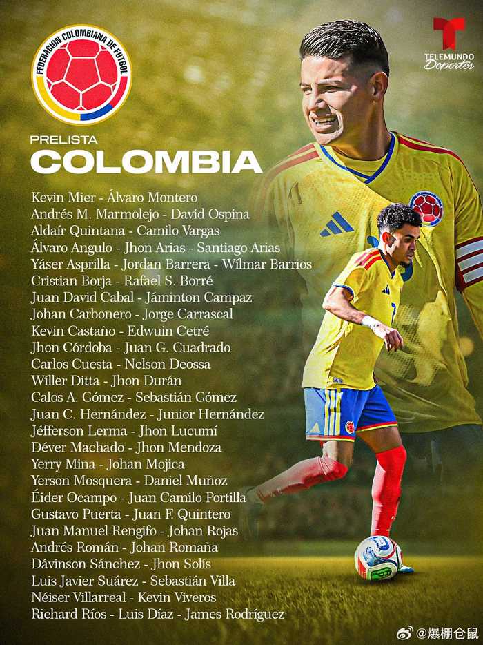 哥伦比亚队公布世界杯55人初选名单，J罗迪亚斯领衔